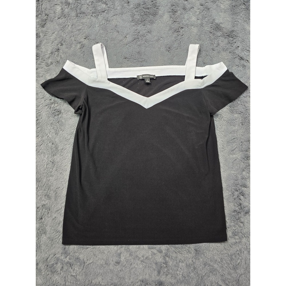 INC International Concepts Womens Black White Cold Shoulder V-Neck Top S